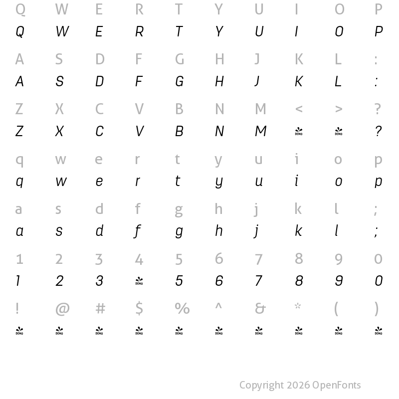 Character Map of FONTSPRING DEMO - AntartidaRounded Essential Light Italic