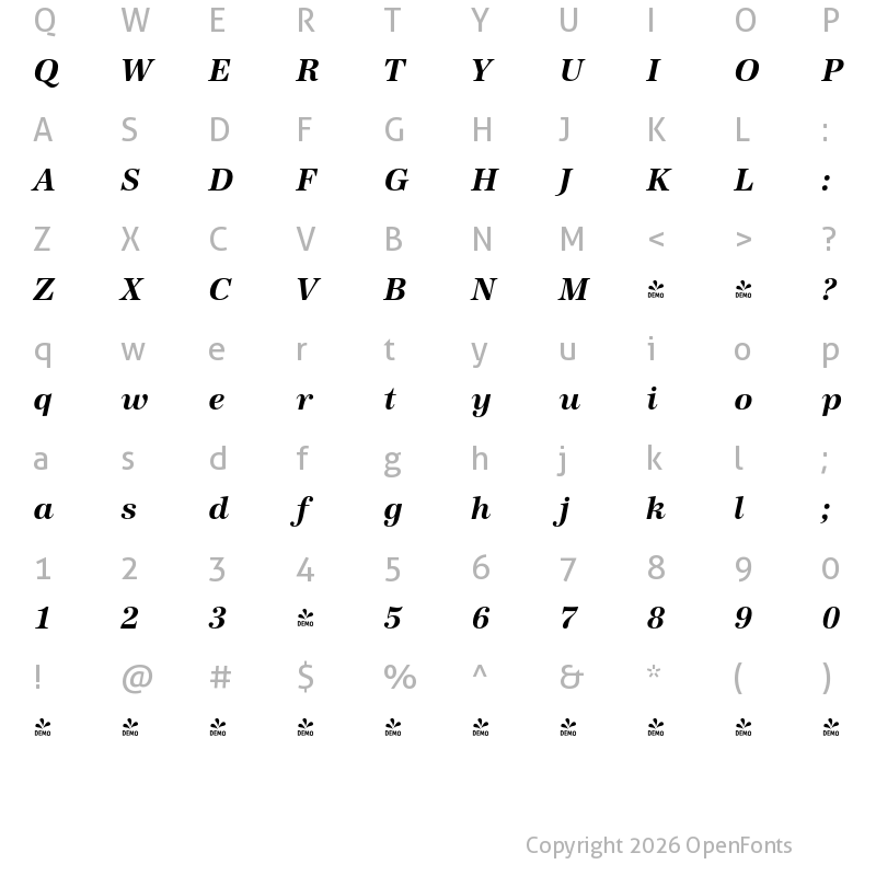 Character Map of FONTSPRING DEMO - Antiqua FS Bold Italic