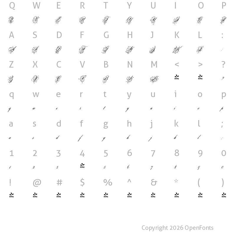Character Map of FONTSPRING DEMO - Antique Spenserian Ornamented Regular