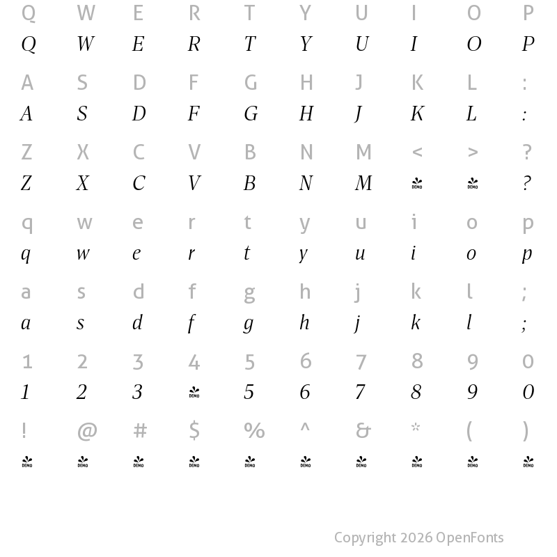 Character Map of FONTSPRING DEMO - Antonia H1 Italic