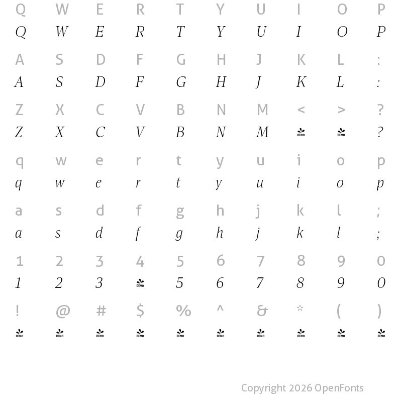 Character Map of FONTSPRING DEMO - Antonia H1 Light Italic