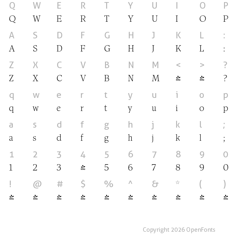 Character Map of FONTSPRING DEMO - Antonia H2 Light Regular
