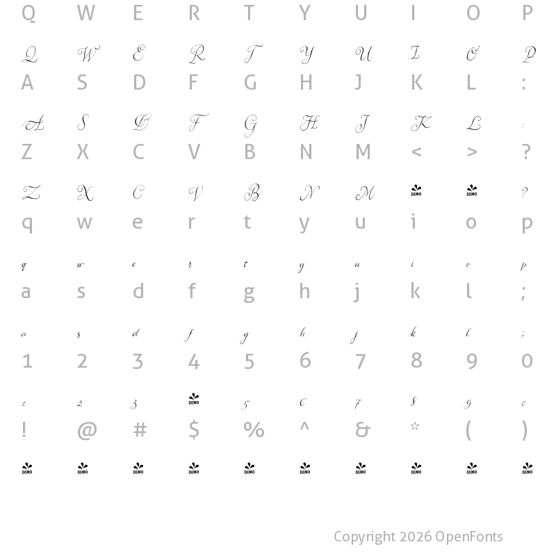 Character Map of FONTSPRING DEMO - Aphrosine Light Regular