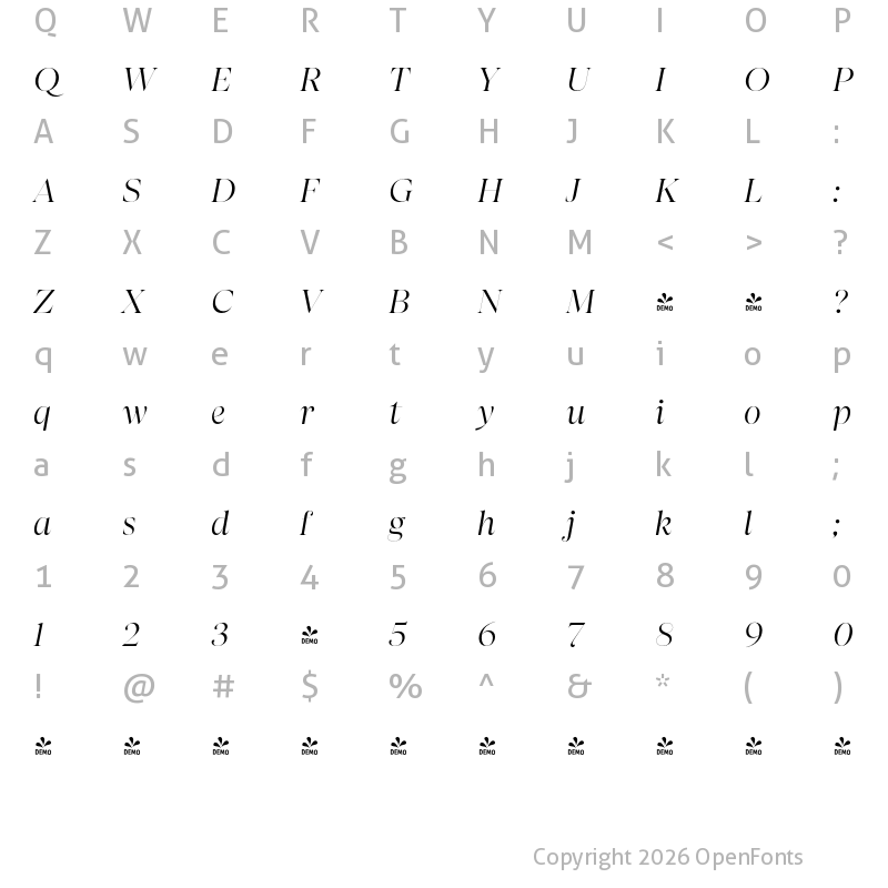 Character Map of FONTSPRING DEMO - Apparel Display It Regular