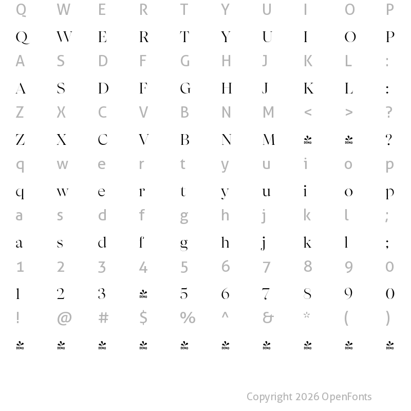 Character Map of FONTSPRING DEMO - Apparel Display Regular