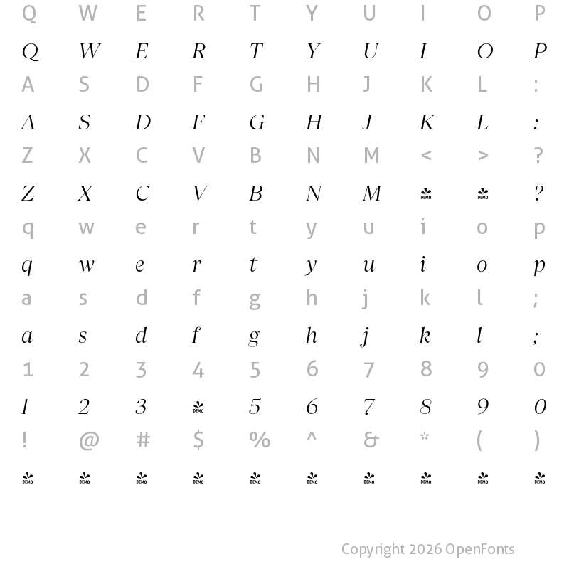 Character Map of FONTSPRING DEMO - Apparel It Regular