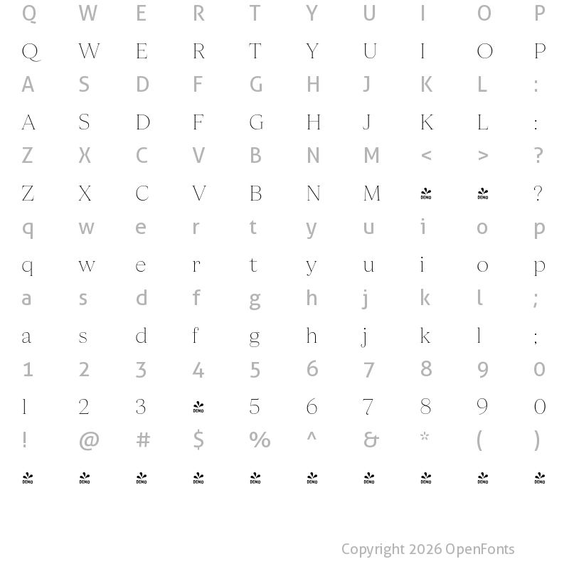 Character Map of FONTSPRING DEMO - Apparel Light Regular