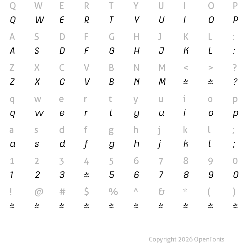 Character Map of FONTSPRING DEMO - ApronSoft Bk Italic