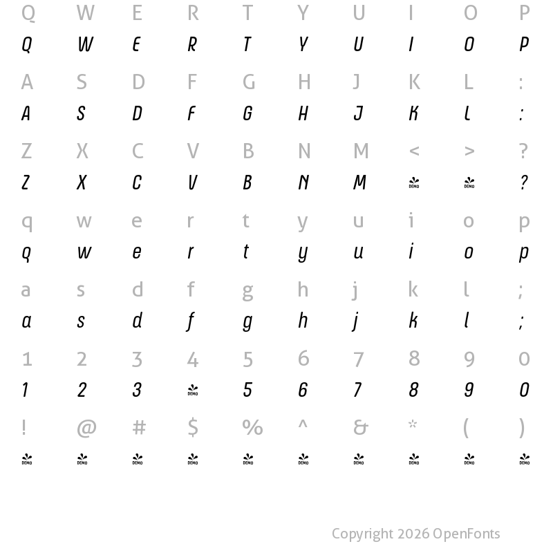 Character Map of FONTSPRING DEMO - ApronSoft Cn Bk Italic