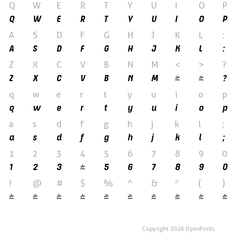Character Map of FONTSPRING DEMO - ApronSoft Nr Bd Italic