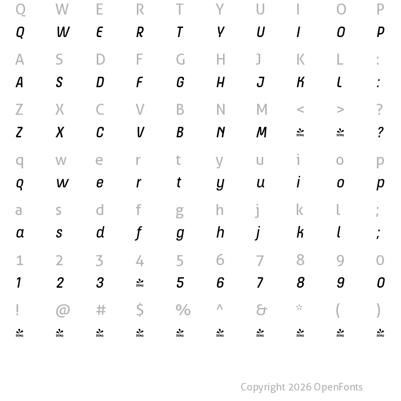 Character Map of FONTSPRING DEMO - ApronSoft Nr Rg Italic