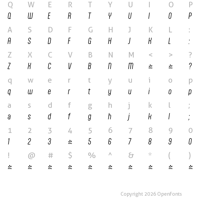 Character Map of FONTSPRING DEMO - Aptly Light Italic