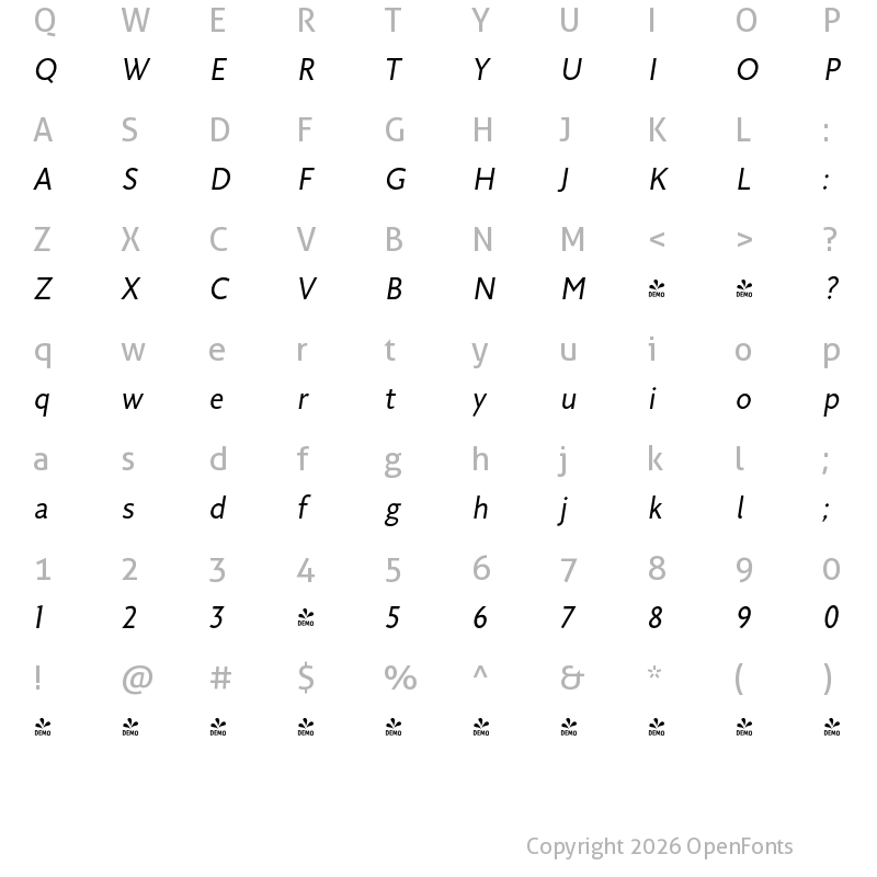Character Map of FONTSPRING DEMO - Arazati Clara Condensada Italic