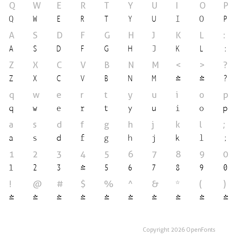 Character Map of FONTSPRING DEMO - Arazati Codex Ariel Regular