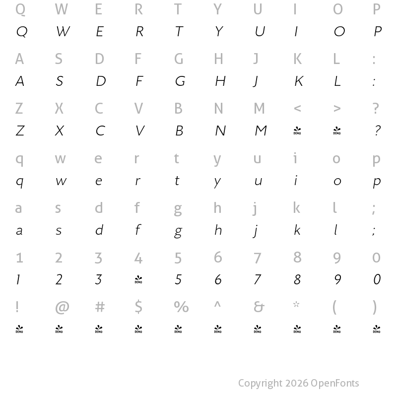 Character Map of FONTSPRING DEMO - Arazati Liviana Expandida Italic