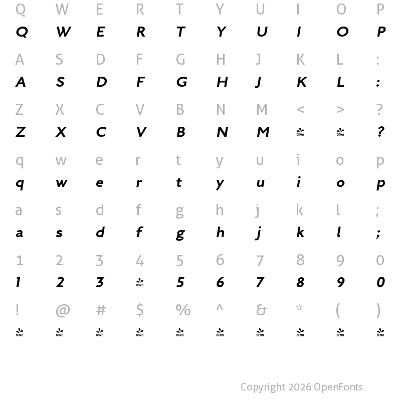 Character Map of FONTSPRING DEMO - Arazati Negra Expandida Italic