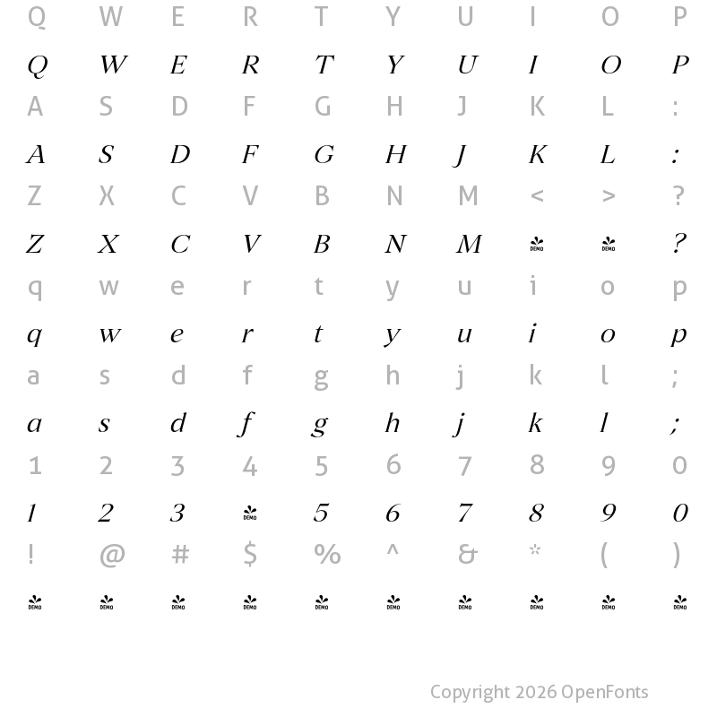 Character Map of FONTSPRING DEMO - Archeron Pro Book Italic