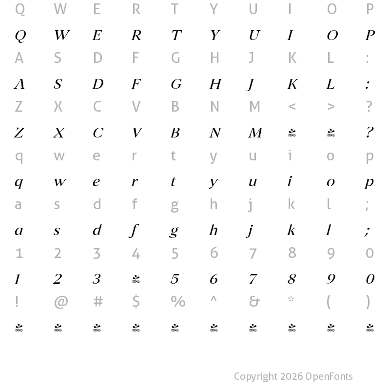 Character Map of FONTSPRING DEMO - Archeron Pro Italic