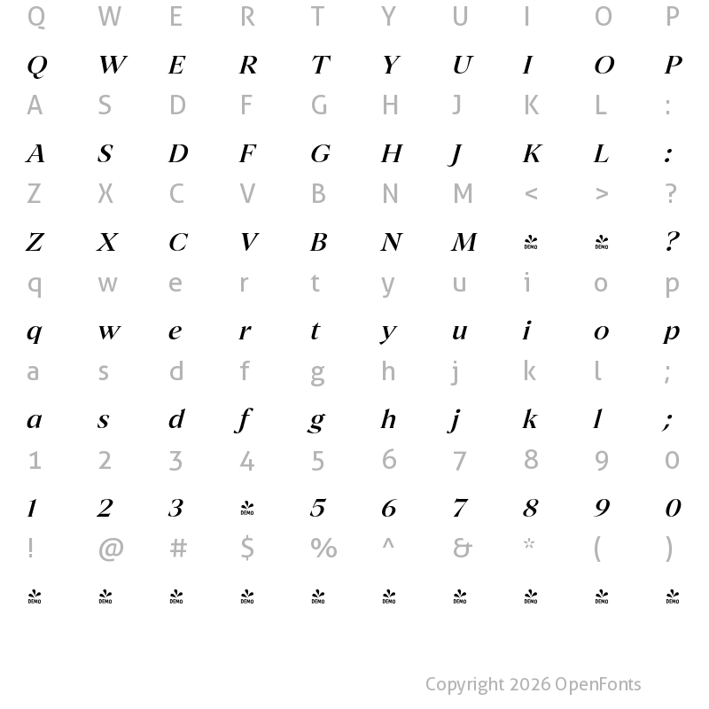Character Map of FONTSPRING DEMO - Archeron Pro Medium Italic