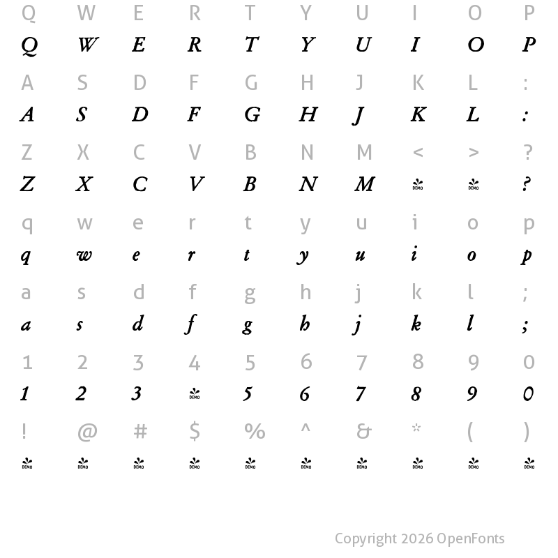 Character Map of FONTSPRING DEMO - Archive Garamond Pro Bold Italic