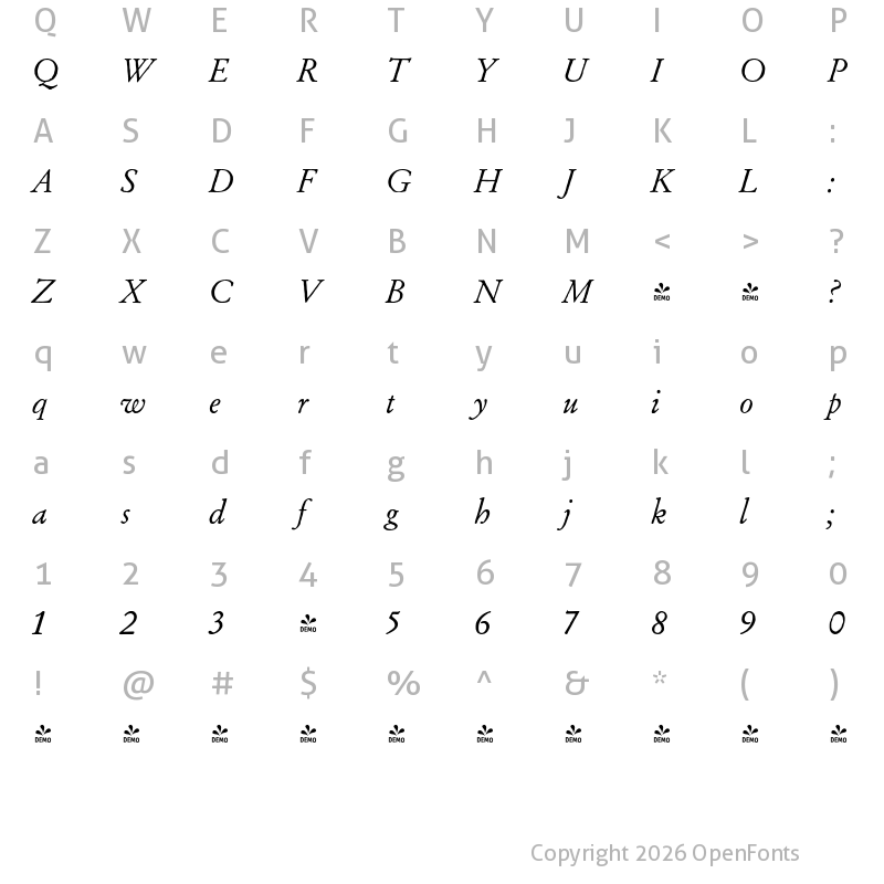 Character Map of FONTSPRING DEMO - Archive Garamond Pro Italic