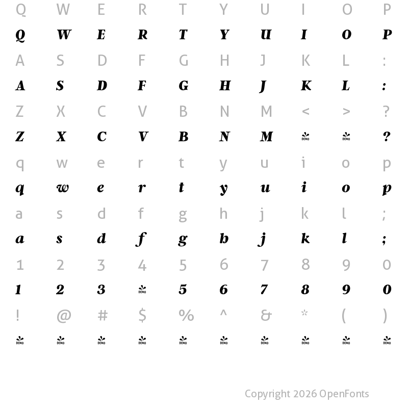 Character Map of FONTSPRING DEMO - Argent CF Extra Bold Italic