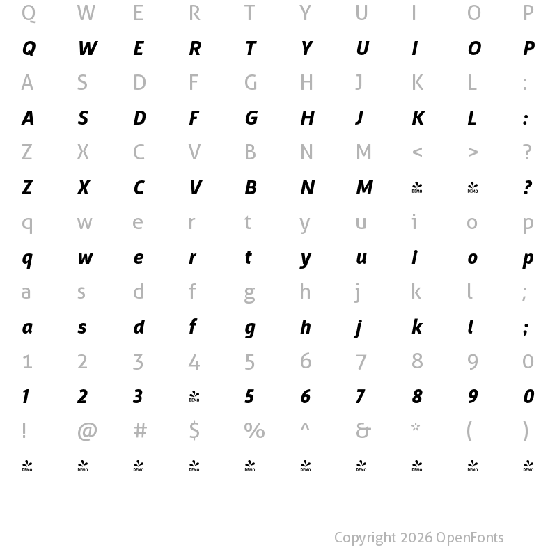 Character Map of FONTSPRING DEMO - Argumentum Bold Italic