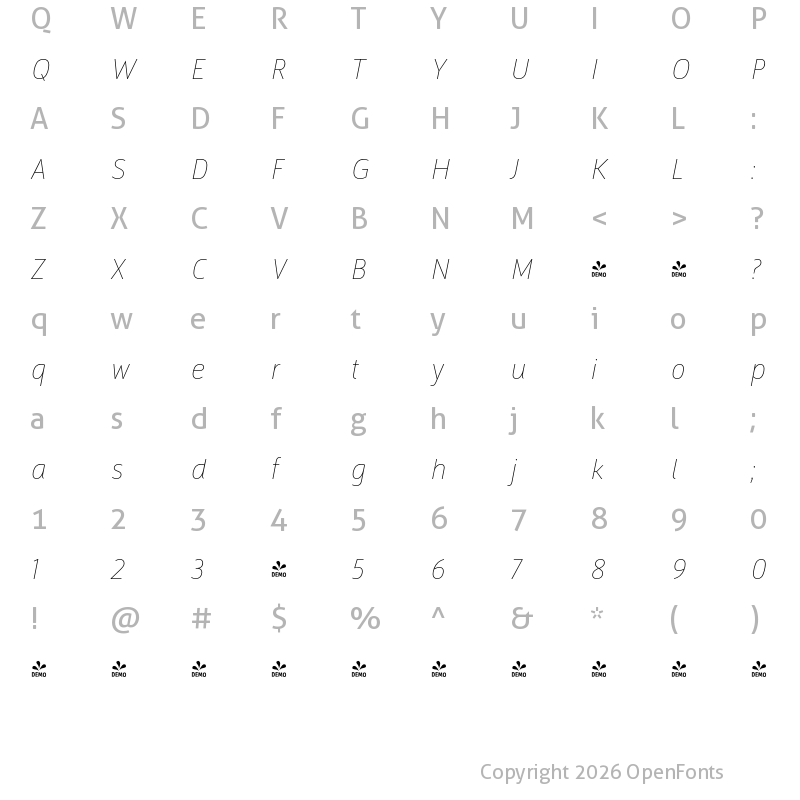 Character Map of FONTSPRING DEMO - Argumentum Tn Italic