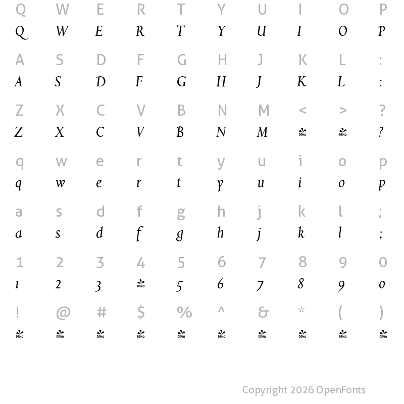 Character Map of FONTSPRING DEMO - Aries Italic Regular