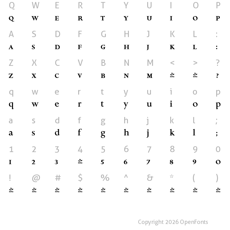 Character Map of FONTSPRING DEMO - Aries Small Cap Lower Case Bold Regular