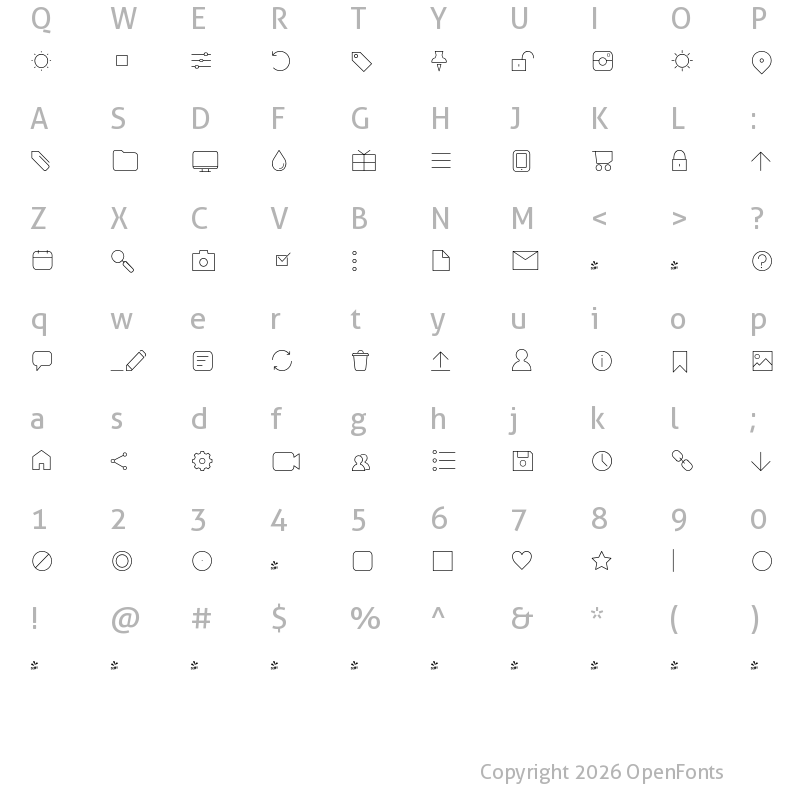 Character Map of FONTSPRING DEMO - Arista Pro Icons Thin Regular