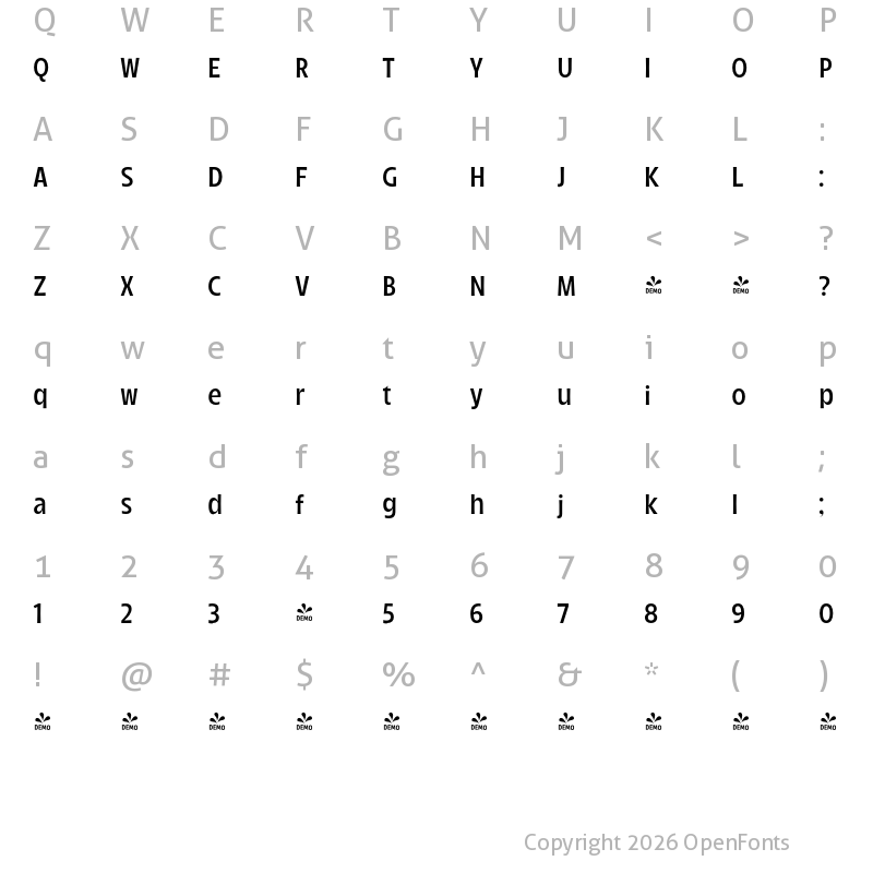 Character Map of FONTSPRING DEMO - Arlen Narrow Light Regular