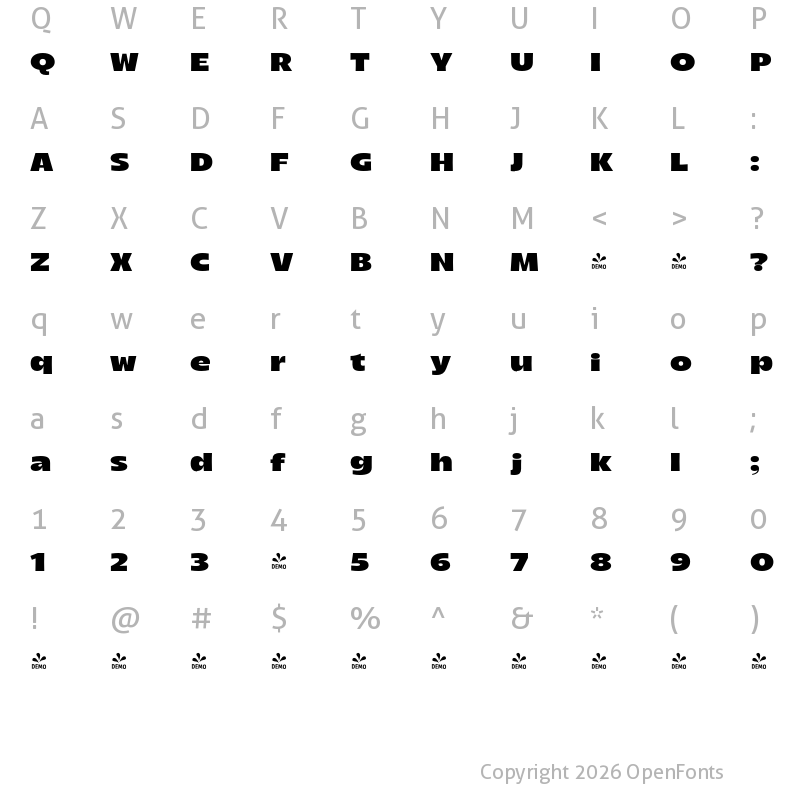 Character Map of FONTSPRING DEMO - Arlen Relaxed Black Regular