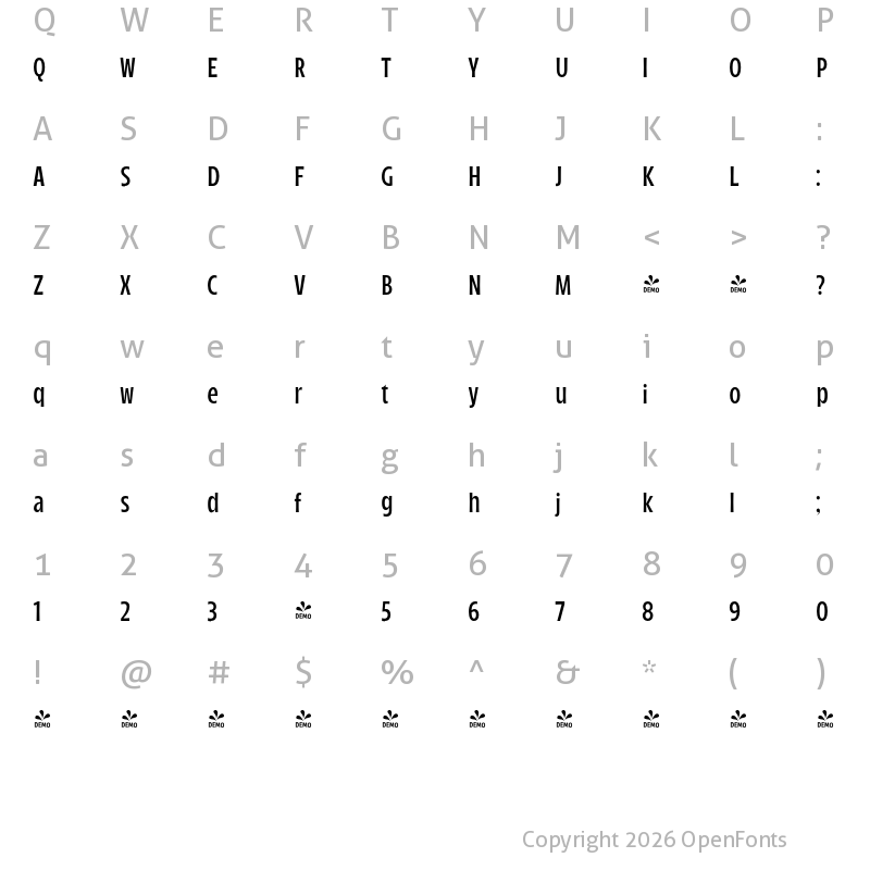 Character Map of FONTSPRING DEMO - Arlen Tight Light Regular