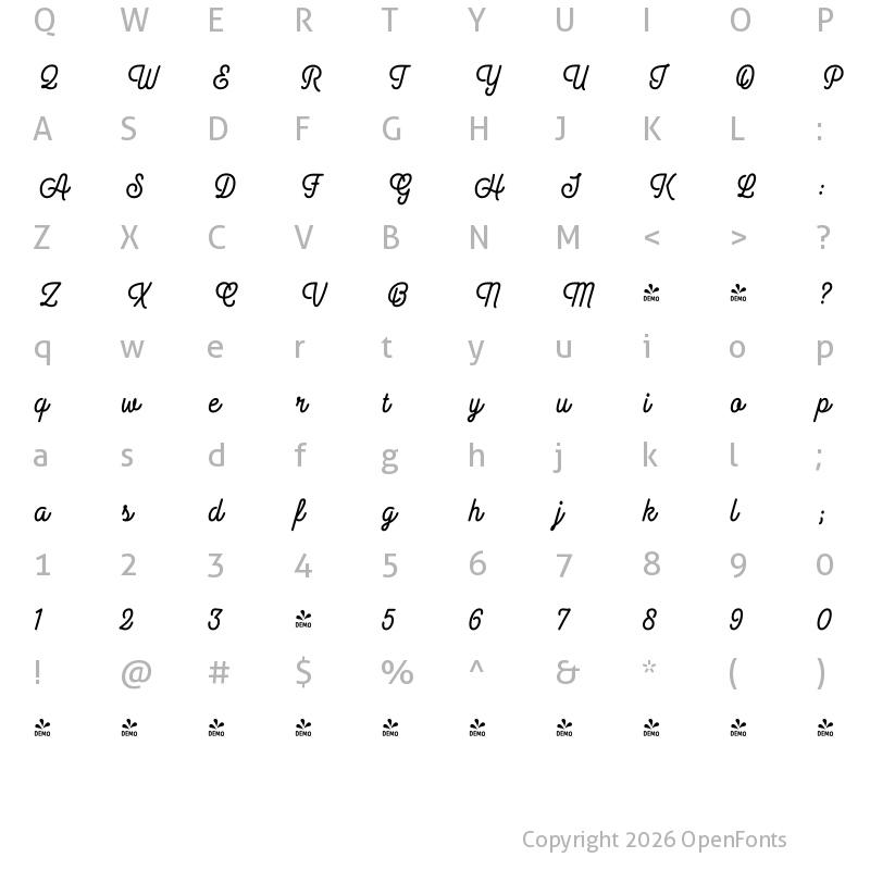 Character Map of FONTSPRING DEMO - Aromatica Script Regular