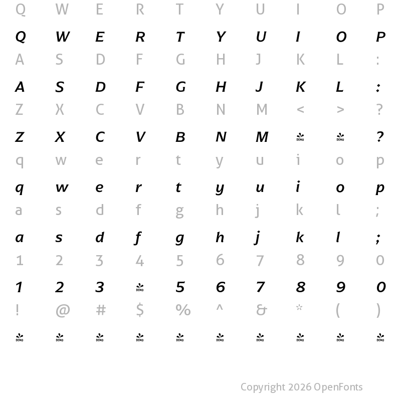 Character Map of FONTSPRING DEMO - Arpona Medium Italic
