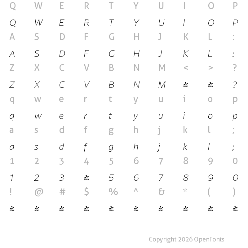 Character Map of FONTSPRING DEMO - ArponaSans Thin Italic