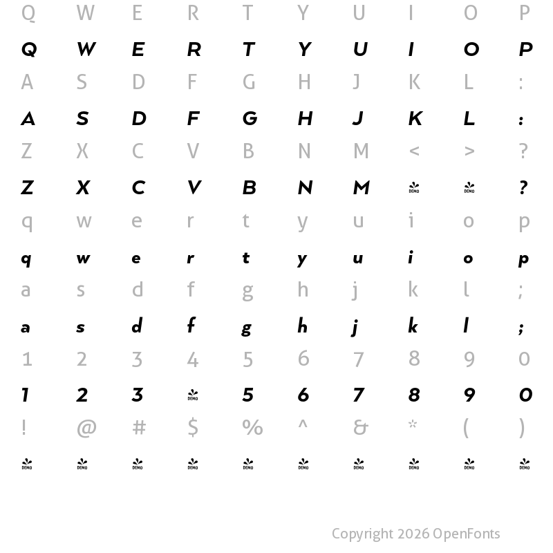 Character Map of FONTSPRING DEMO - Arquitecta Bold It Regular