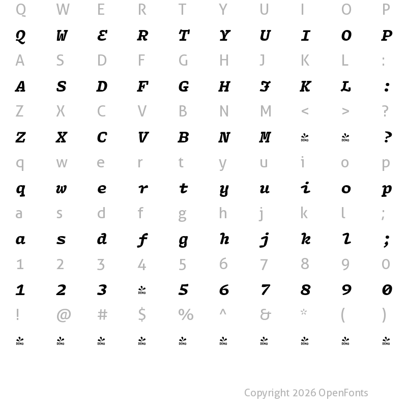 Character Map of FONTSPRING DEMO - Array Mono Black Italic