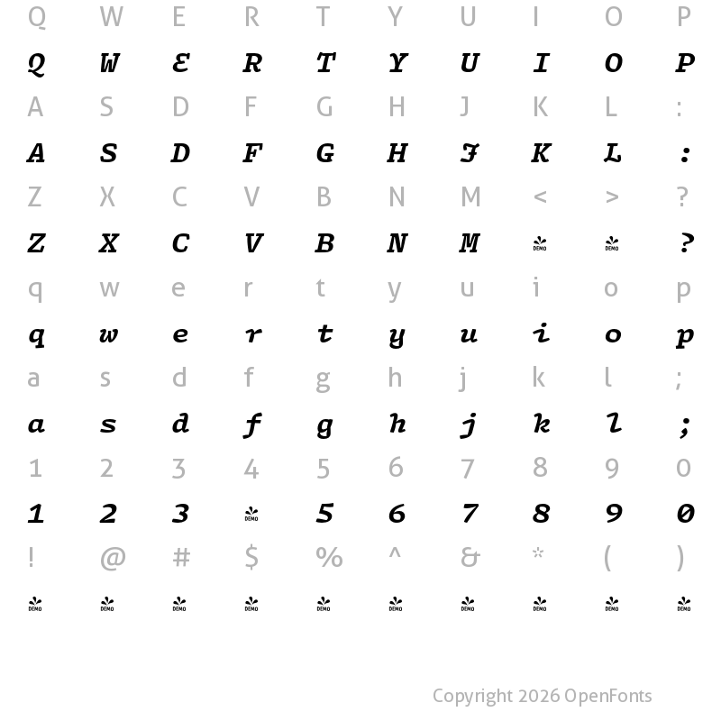 Character Map of FONTSPRING DEMO - Array Mono Bold Italic