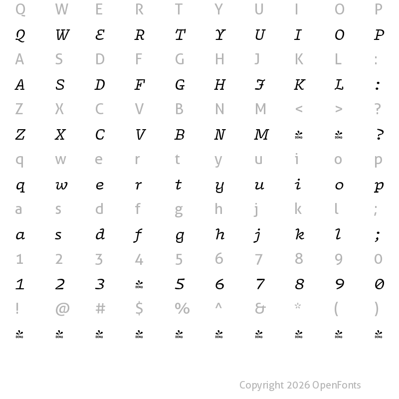 Character Map of FONTSPRING DEMO - Array Proportional Italic