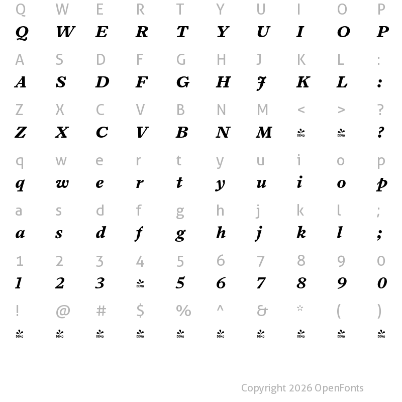 Character Map of FONTSPRING DEMO - Arrieta Bold Italic