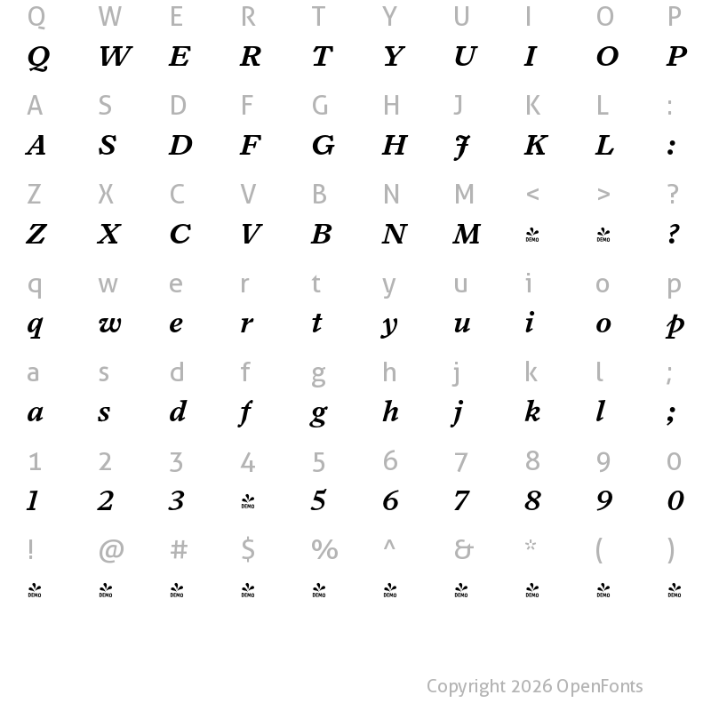 Character Map of FONTSPRING DEMO - Arrieta Bold Italic Regular