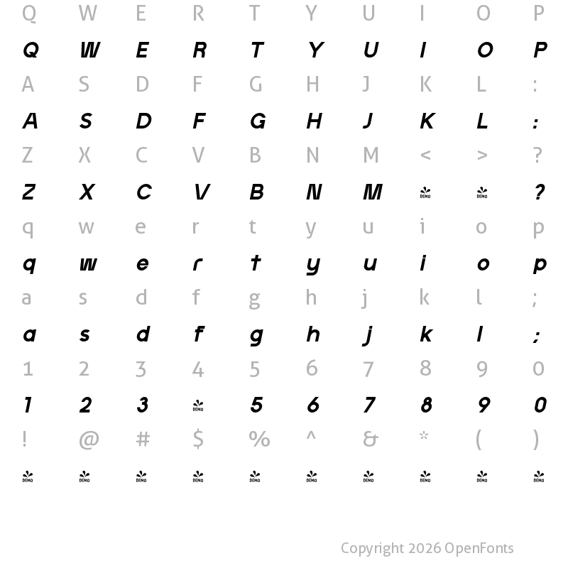 Character Map of FONTSPRING DEMO - Artavion Bd Obliq Bold Italic