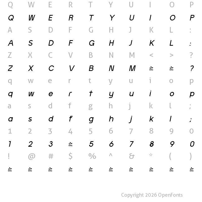 Character Map of FONTSPRING DEMO - Artavion Med Obliq Italic