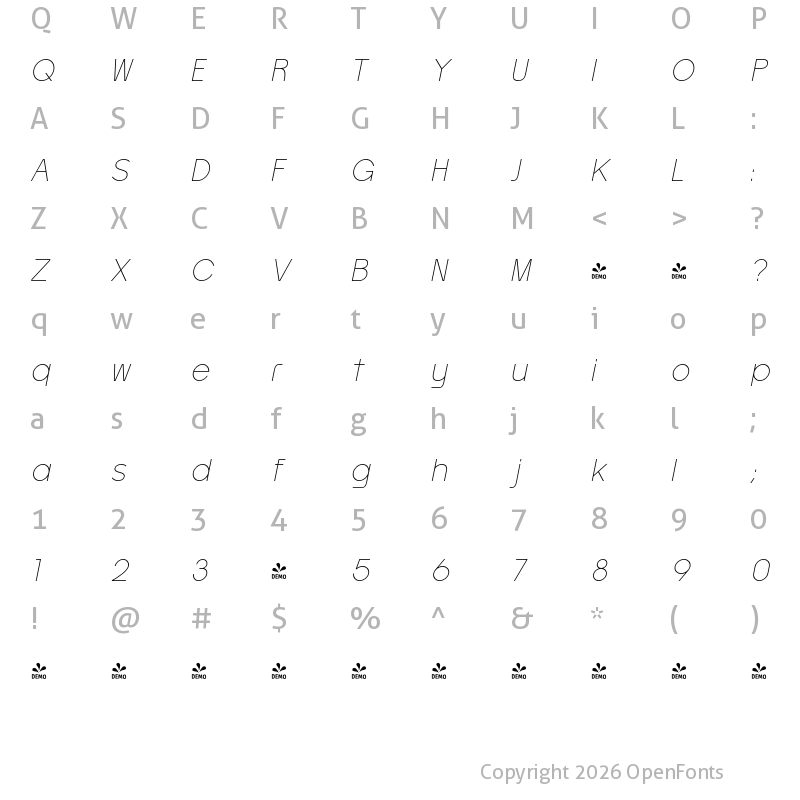 Character Map of FONTSPRING DEMO - Artavion Thin Obliq Italic