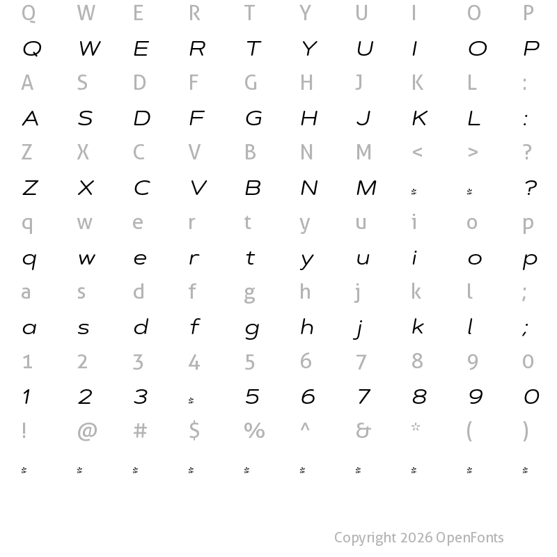 Character Map of FONTSPRING DEMO - Artegra Soft Ex Italic