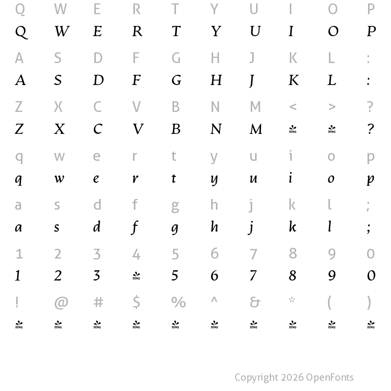 Character Map of FONTSPRING DEMO - Artifex CF Book Italic