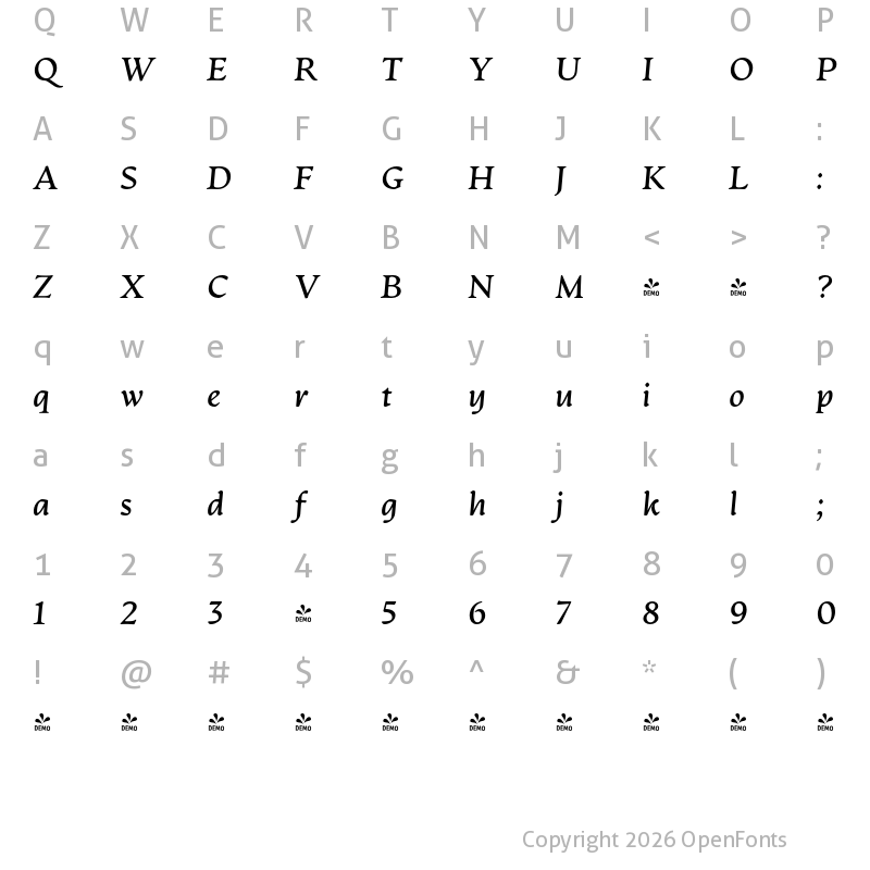 Character Map of FONTSPRING DEMO - Artifex CF Demi Bold Italic