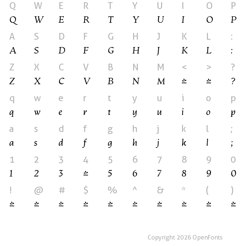 Character Map of FONTSPRING DEMO - Artifex CF Light Italic